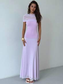 Aloruh Minimalist Party Banquet Light Purple Mesh Patchwork Extra Long Women Dress