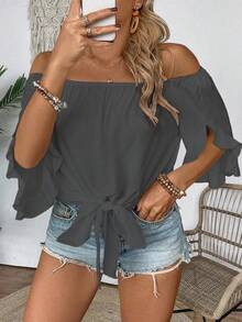 EMERY ROSE Camisa corta de mujer talla grande de unicolor con hombros descubiertos y lazo delantero, para verano - Gris - Ver 5