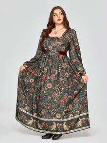 ROMWE EDITION Vintage Medieval Floral Print A-Line Plus Size Dress - Multicolor - View 12