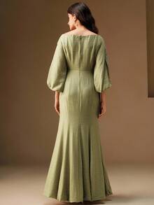 Anewsta 女士露肩刺绣亚麻连衣裙 - 綠色 - 查看 2