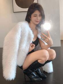 DAZY Women's Korean Style Solid Color Fluffy Jacket Fall/Winter Fluffy Coat - White - View 1