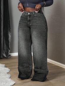 Slaydiva Jeans casuales de pierna ancha con bolsillo y botones para tallas grandes - Negro - Ver 6