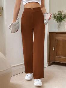 SHEIN Frenchy 女士休闲优雅腰部扭纹修身直筒裤 - 紅木色 - 查看 5