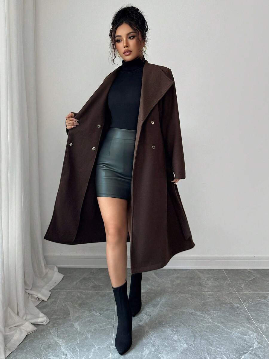 Elenzga Cappotto elegante da donna in stile vintage francese, doppiopetto, con bavero, maniche lunghe, vita stretta, di lunghezza media, adatto per primavera/autunno - Marrone ruggine - Visualizzare 1