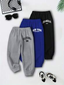 SHEIN Explorewe 男童针织休闲裤三件套，灰/蓝/黑三色可选，百搭长裤，适合户外、运动、日常穿着，秋冬季节穿着舒适，洛杉矶、纽约、加州等美国地区均可穿着。休闲运动裤/慢跑裤 - 彩色 - 查看 3