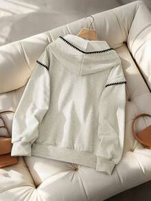 GlowEve Women's Casual Fashion Street Style Everyday Contrast Scallop Tape Detail Pocket Drawstring Hoodie, Spring/Autumn Pullover Fall - Light Grey - View 2