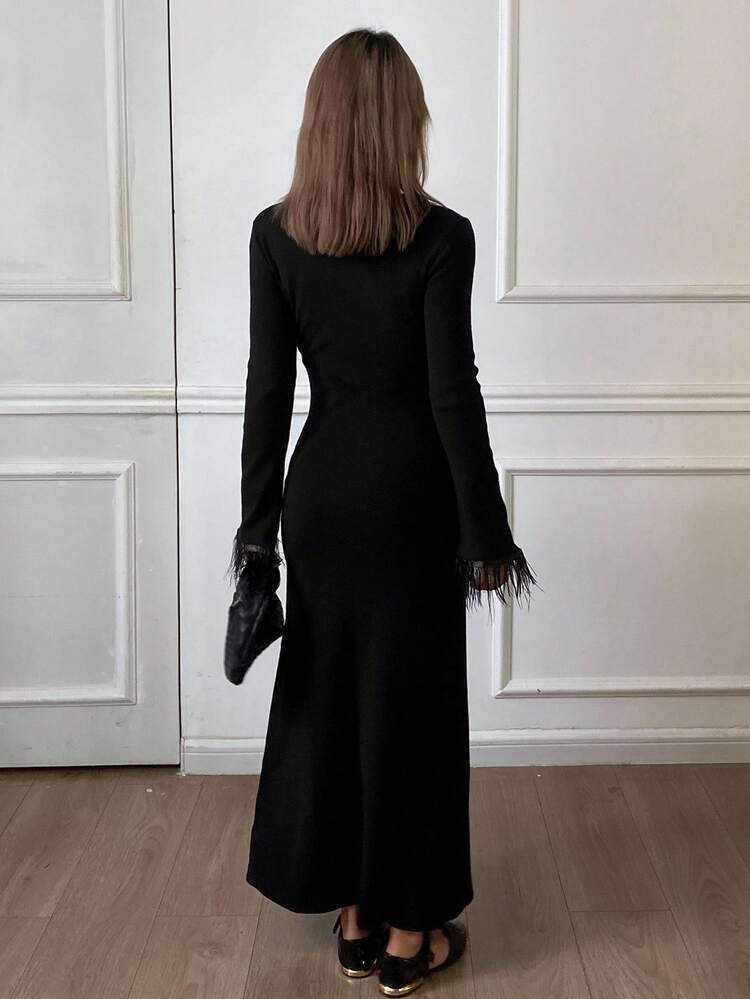Women's Autumn Round Neck Waist Cinched Feather Trim Sweater Dress