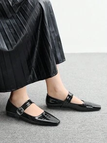 CUCCOO BIZCHIC Women's Fashion Simple Elegant Square Toe Buckle Flat Shoes - Black - View 3