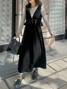 FRIFUL Women's Solid Color Ruffle Trim Deep V-Neck Dress, Autumn Dress - Black - View 3