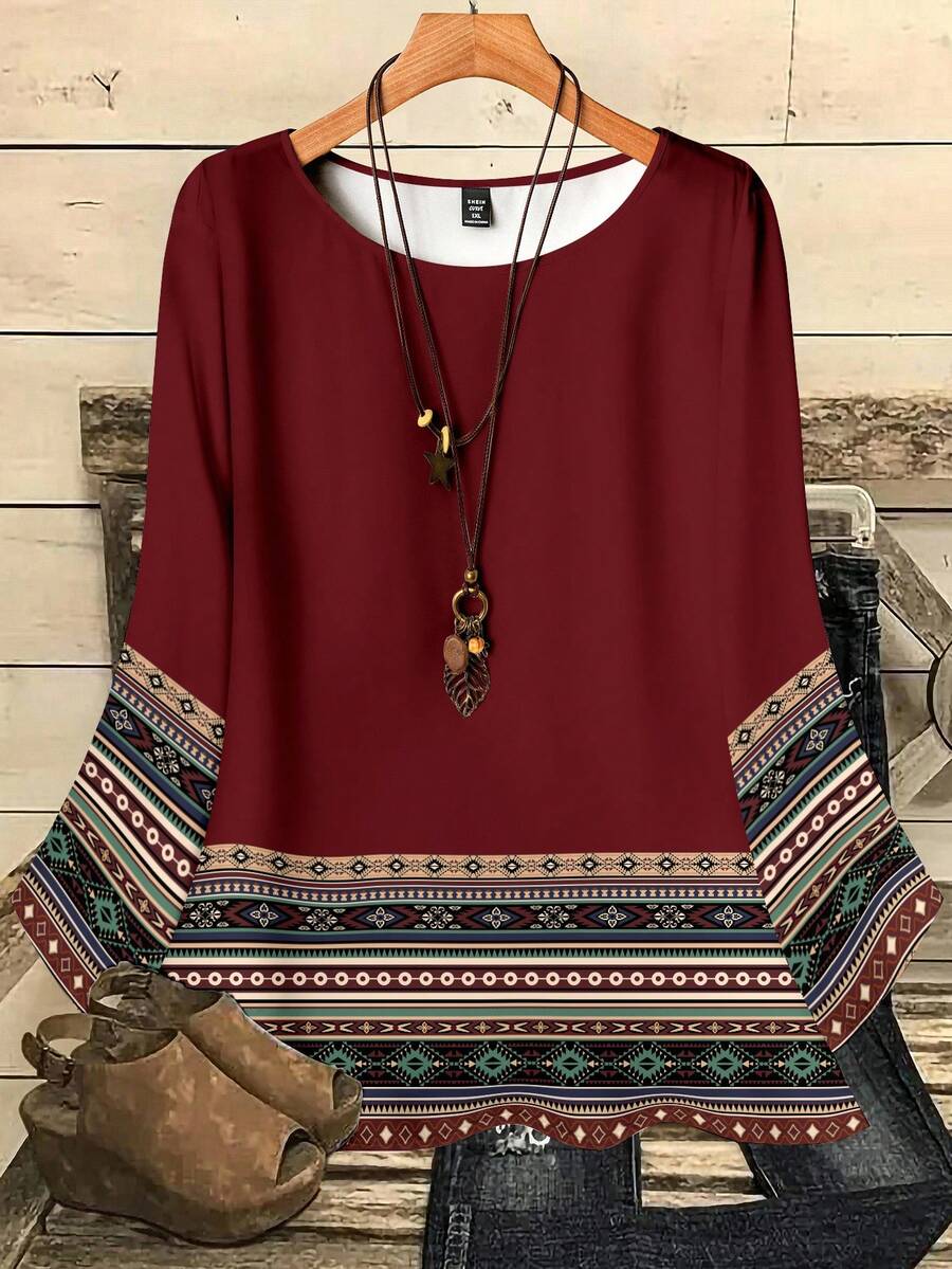 EMERY ROSE Plus Size Women Striped Ruffle Loose Allover Print Round Neck 3/4 Sleeve Blouse Fall Clothes Chic Blouses For Women,Spring/Summer/Vacation - Multicolor - View 1