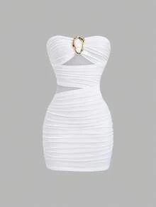 Sweetra Women's Sexy Fitted Strapless Metal Buckle Mini Dress