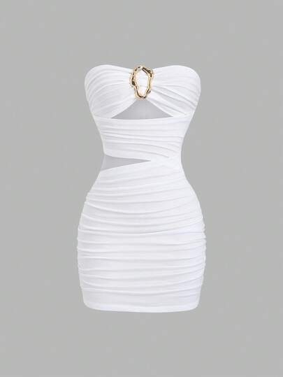 Sweetra Women's Sexy Fitted Strapless Metal Buckle Mini Dress
