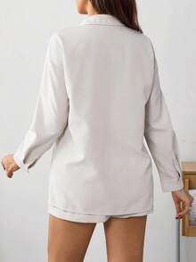SHEIN 2pcs Maternity Solid Color Long Sleeve Button-Up Pocket Shirt And Adjustable Waist Shorts Casual Set - Khaki - View 2