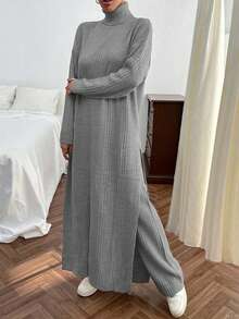 EURMUSE Conjunto de vestido de suéter largo con detalle de abertura y pantalones de suéter de punto acanalado de unicolor para mujer - Gris Claro - Ver 5