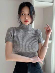 DAZY Mock Neck Crop Ribbed Knit Top - Grey - View 8