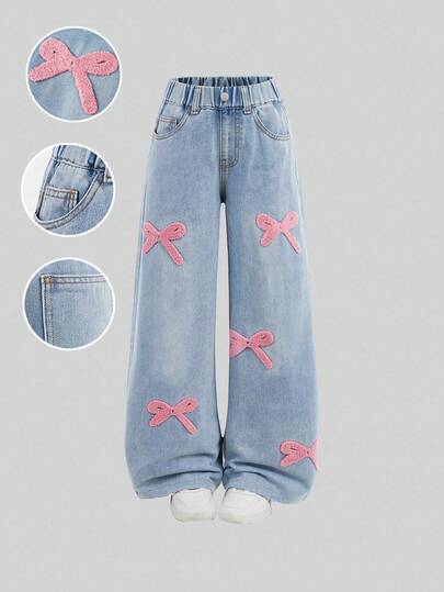 Girlism Quần jeans ống rộng dáng suông, cạp cao, thắt nơ, có túi, màu xanh nhạt, phong cách Y2K cho bé gái, thích hợp mặc đi học, về nhà và dự tiệc mùa thu đông, quần streetwear vintage, thoải mái và đa năng, dành cho bé gái 8-12 tuổi, phù hợp đi học, ở nhà và đi du lịch.