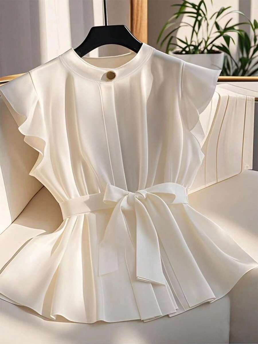 Franclia Women's Elegant Plain Color Collared Double-Placket Ruffle Sleeve Belted Casual Blouse - White - View 1