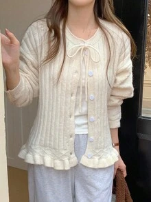 DAZY Women's Korean Style Solid Color Casual Bowknot Cardigan - Apricot - View 3