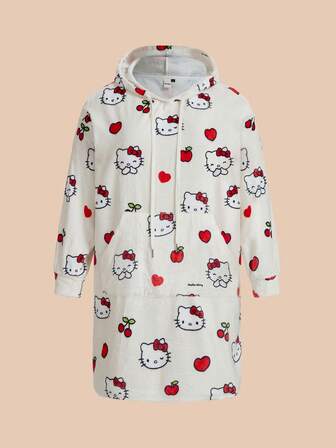 HELLO KITTY AND FRIENDS | SHEIN 大码女式舒适可爱心形和苹果卡通印花口袋宽松连帽睡裙，冬季