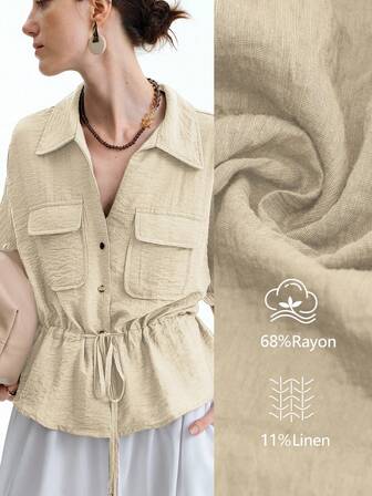 Aalyst Chemisier court femme en lin de couleur unie, col chemise, col V, ouverture devant avec boutons métalliques, cordon de serrage à la taille, décoration de cloche métallique et nœud papillon, manches raglan avec revers, couleur café