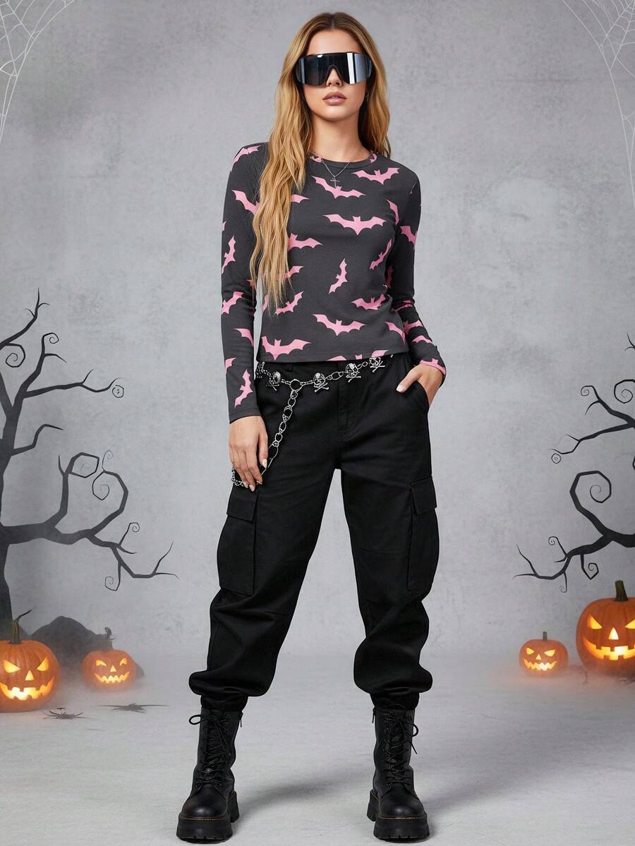 Shutterstock Camiseta de manga larga con cuello redondo y estampado completo de murciélagos de Halloween para mujer, para otoño/invierno, fiesta/club Y2K - Negro - Ver 1