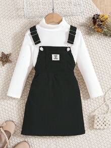 SHEIN 2件套少女背带裙和白色高领长袖上衣 - 深灰色 - 查看 1