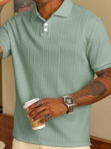 Manfinity Homme Plus Size Men's Casual Solid Color Textured Polo Shirt, Summer - Mint Green - View 3