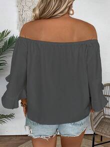 EMERY ROSE Camisa corta de mujer talla grande de unicolor con hombros descubiertos y lazo delantero, para verano - Gris - Ver 2