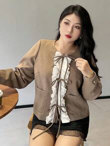 Dazy Plus Chaqueta casual de manga larga con cuello redondo, bolsillo con cordón, volantes y parches para mujer de talla grande, abrigos de mujer para otoño/invierno - Café integral - Ver 3