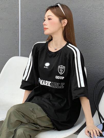 DAZY ラウンドネック ストライプ サイドスリット オーバーサイズ Tシャツ、グラフィックティー