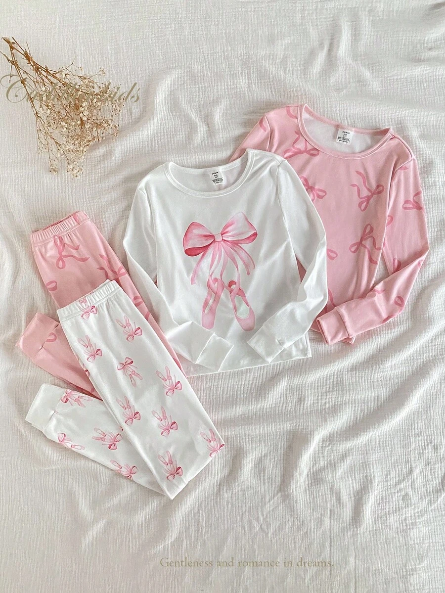 4pcs Girls Soft & Comfortable Snug Fit Fashion Cute Bow Ballet Shoes All-Over Print Long Sleeve Top And Pants Casual Homewear Set, Autumn/Winter Fall - Pink - View 1