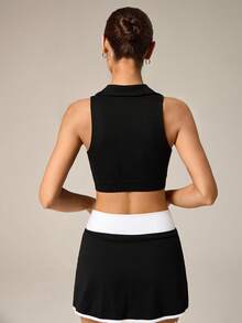 Hanevo Women's Solid Color Turndown Collar Cropped Fitness Sports Tank Top - Black - View 2
