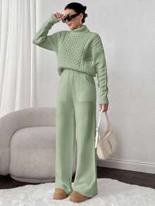 SHEIN Cottnline 2pcs Set: Cable Knit Turtleneck Long Sleeve Top And Solid Color Pants - Mint Green - View 7