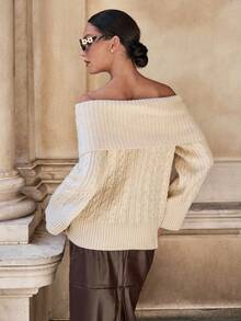 Lavishia Suéter con hombros descubiertos y cuello alto en color albaricoque, estilo retro vintage para otoño/invierno - Albaricoque - Ver 2
