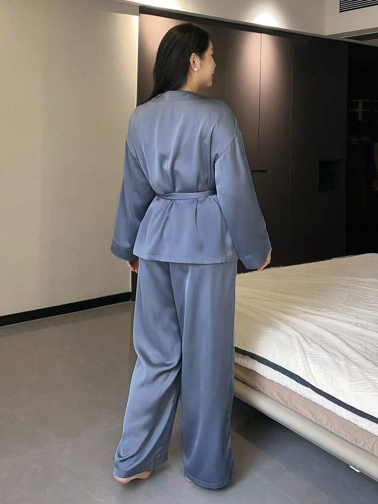 Dazy Plus 2pcs/Set Elegant Plus Size Women Casual Solid Color Lace-Up Top And Pants Pajama Set, Fall Clothes