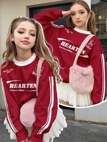 SHEIN Leap Crew 街头学院风条纹，复古美式城市字母图案，安哥拉复古红色，少女休闲宽松保暖内衬圆领运动衫，适合秋冬季 - 彩色 - 查看 1