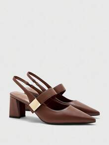 CUCCOO BIZCHIC Sandalias de tacón grueso con punta puntiaguda, hebilla cuadrada, cómodas y de moda para el uso diario - Café integral - Ver 6