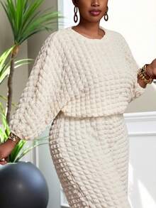 Slaydiva Autumn Plus Size Women Casual Elegant Bubble Sleeve Top And Wide Leg Pants Set,Peach Everyday Smart Casual Street Style,Fall Clothes For Women - Brown - View 6