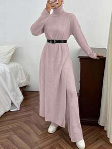 EURMUSE Ensemble robe pull longue et pantalon pull en tricot côtelé de couleur unie avec détail de fente pour femmes - Rose pâle - Voir 1