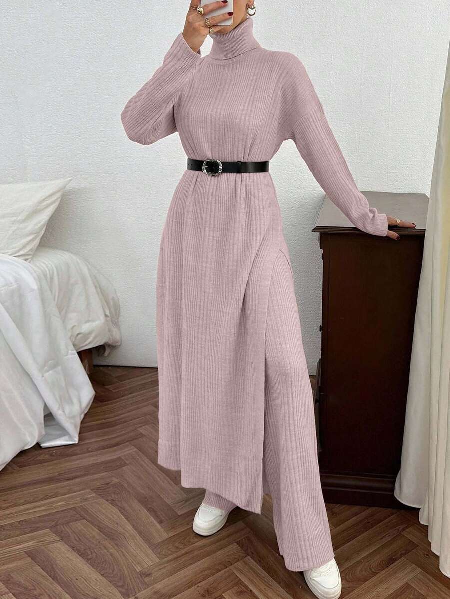 EURMUSE Ensemble robe pull longue et pantalon pull en tricot côtelé de couleur unie avec détail de fente pour femmes - Rose pâle - Voir 1