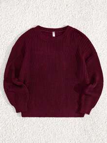 SHEIN Tall Tall Size Casual Rib Knit Crew Neck Women Sweater Everyday School Fall - Burgundy - View 1
