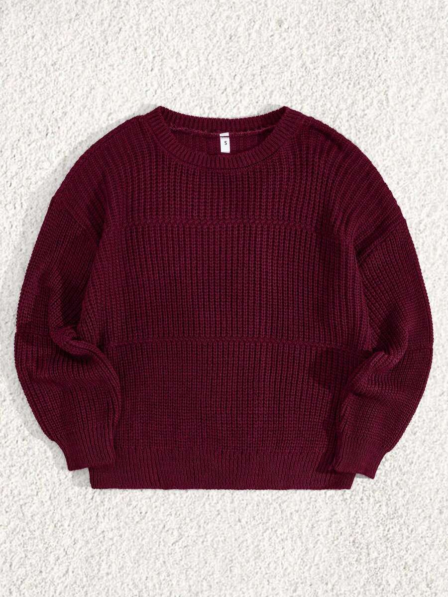 SHEIN Tall Tall Size Casual Rib Knit Crew Neck Women Sweater Everyday School Fall - Burgundy - View 1
