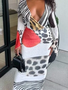 Alexandranx 混合印花网眼长裙夏季，伊比沙岛适合假期性感节日海滩波西米亚风逍遥夜生活 Y2k，场合，婚礼嘉宾 - 彩色 - 查看 3