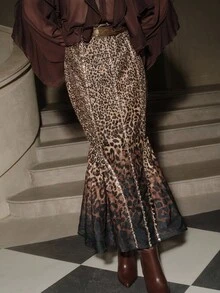 Anewsta Falda de sirena elegante con estampado de leopardo degradado y adornos de strass, para uso en fiestas - Óxido marrón - Ver 5