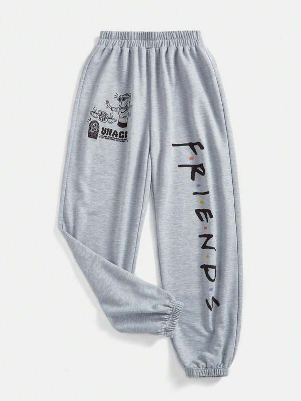 FRIENDS X SHEIN Pantalones de chándal casuales de mujer con cintura elástica, cordón y puños con patrón de letras