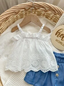 Babygirl Summer Cute Embroidered Ruffle Trim Camisole And Shorts Set