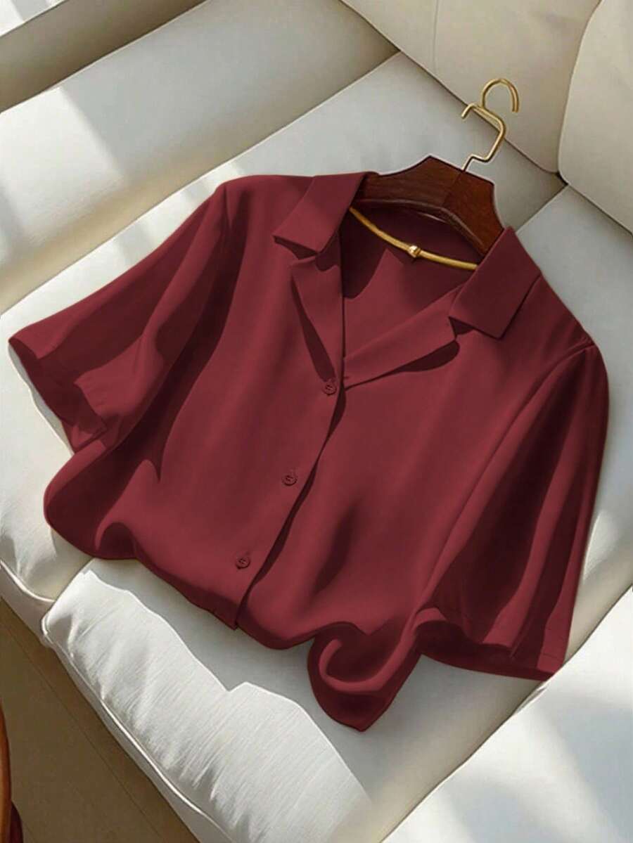 Franclia 女士休闲纯色翻领短袖衬衫，夏季 - 酒紅色 - 查看 1