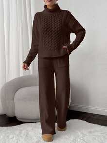 EURMUSE 2pcs Set: Cable Knit Turtleneck Long Sleeve Top And Solid Color Pants - Brown - View 4