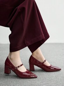 CUCCOO BIZCHIC Sepatu hak tinggi runcing dengan desain gesper untuk wanita, cocok untuk pemakaian sehari-hari. - Burgundy - View 5
