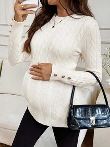 MaterniWear Maternity Elegant White Autumn Cable Knit Sweater For Pregnant Women,Long Sleeve Round Neck Twist Pattern Photoshoot Button Casual Winter Clothes - Apricot - View 9